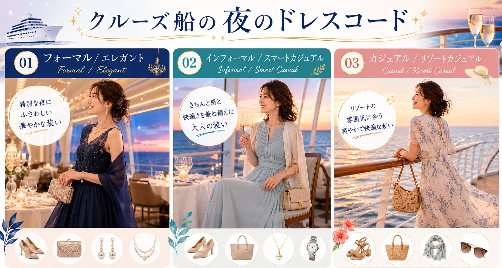 クルーズ船の夜のドレスコード比較チャート