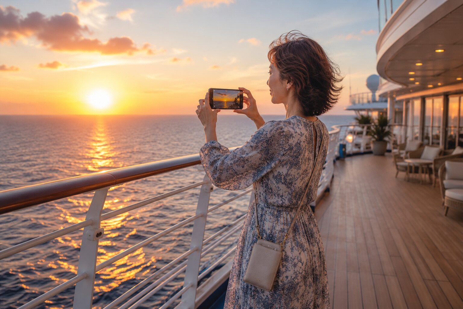 クルーズ船のデッキで夕日を撮影する女性